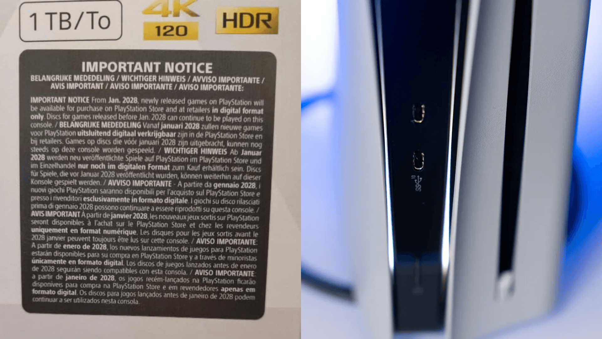 Sony empieza a poner pegatinas de aviso en las cajas de PS5 sobre el fin de los juegos físicos en 2028